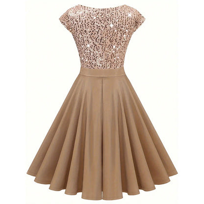 Women's Elegant Sequin V Neck Cap Sleeves Pleated Evening Cocktail Dress