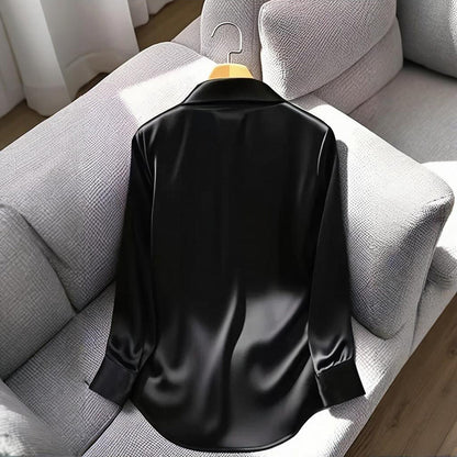 Women's Elegant Long Sleeve V-Neck Solid Color Relaxed Fit Solid Shirt, Business Casual Office Blouse For Fall