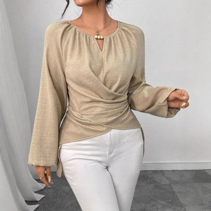 Womens Woven Long-sleeve Top With Tie Detailing And An Asymmetrical Hem
