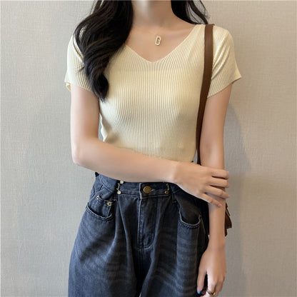 Cream-yellow V-neck Cap-sleeve Short-sleeve Womens Summer Top