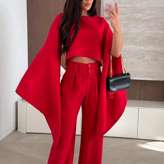 Womens Solid Color Casual Flare Sleeve T Shirt Single Piece Set