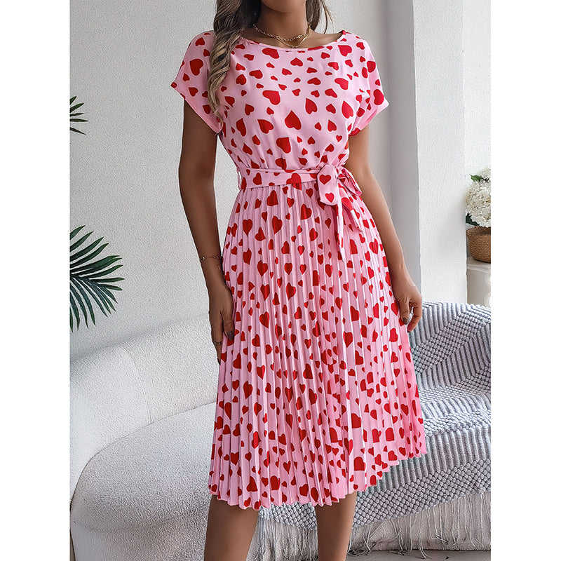 Women's Heart Print Midi Dress - Crew Neck Short Sleeve Belted Pleated Sundress