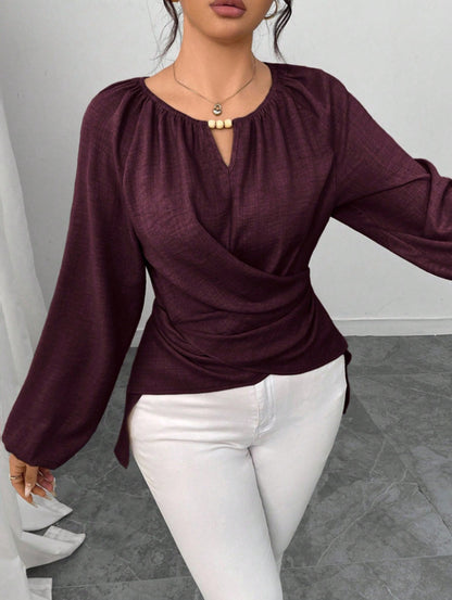 Womens Woven Long-sleeve Top With Tie Detailing And An Asymmetrical Hem