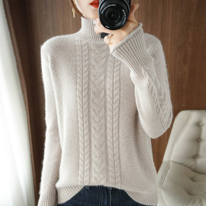 Womens Half-Turtleneck Sweater With Cable Knit And Thickened Design