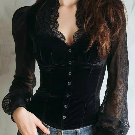 Women's French-style Black Velvet And Lace Patchwork Top