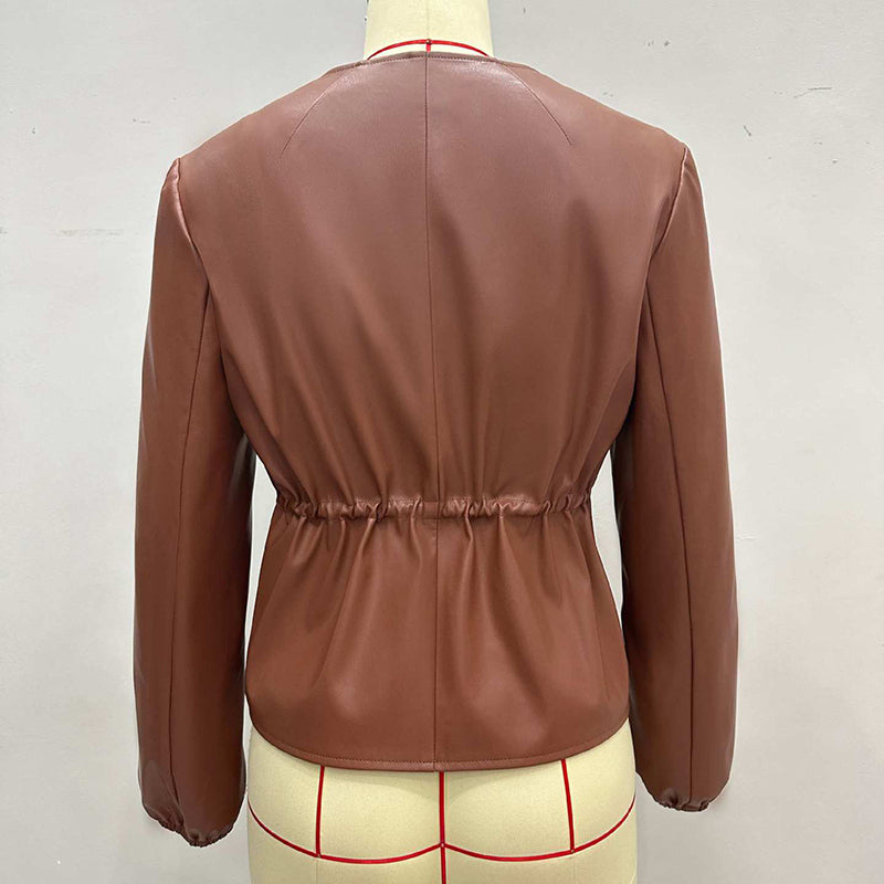 Women's Zip Front Faux Leather Jacket, Long Sleeve Drawstring Waist Jacket