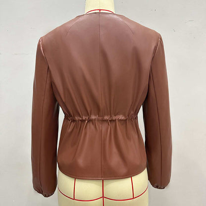 Women's Zip Front Faux Leather Jacket, Long Sleeve Drawstring Waist Jacket