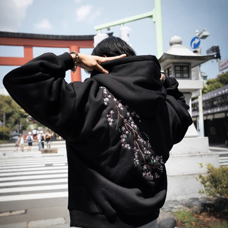 European And American Autumn And Winter Cherry Blossom Hooded Sweater Men And Women Street Hip Hop Retro