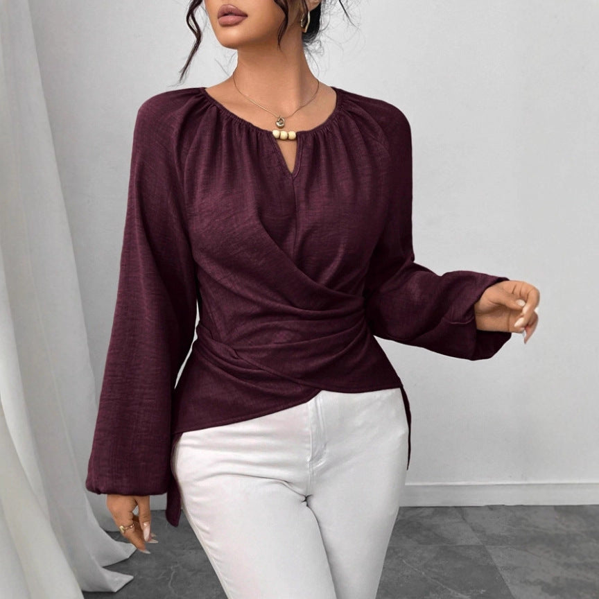Womens Woven Long-sleeve Top With Tie Detailing And An Asymmetrical Hem