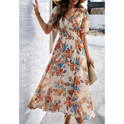 Women's Floral Puff Sleeve Midi Dress - Boho V-Neck Smocked Dress