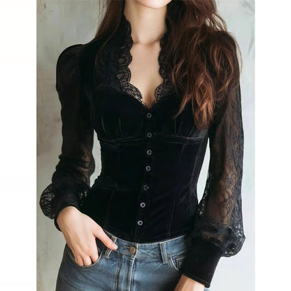 Women's French-style Black Velvet And Lace Patchwork Top