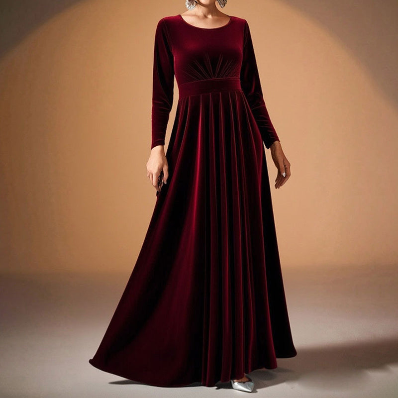 Women's Elegant Velvet Pleated Long Sleeve Cocktail Party Formal Wedding Guest A-Line Maxi Long Dress