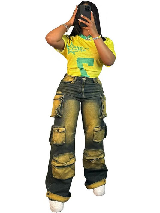 New Women's Denim Jeans With Multiple Pockets, Hot-selling, Vintage Style, Casual, Loose-fitting, Workwear Pants