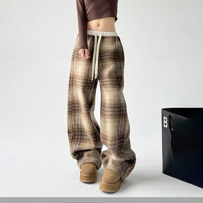 Women's High-Waisted Plaid Wide Leg Pants, Check Pattern Trousers With Drawstring Waist And Pockets