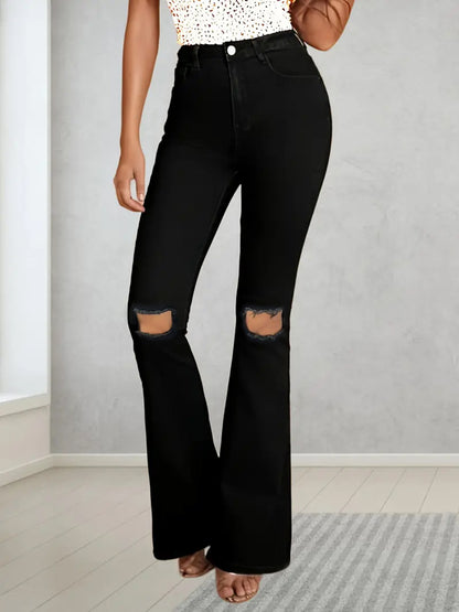 Women's Jeans In Plus Size, American Style With Ripped Holes, Micro Flared Jeans, High Waisted Flared Pants, Elastic Slim Fit Pants, Slimming Pants, Trendy Loose Casual Versatile Denim Straight Leg Pa