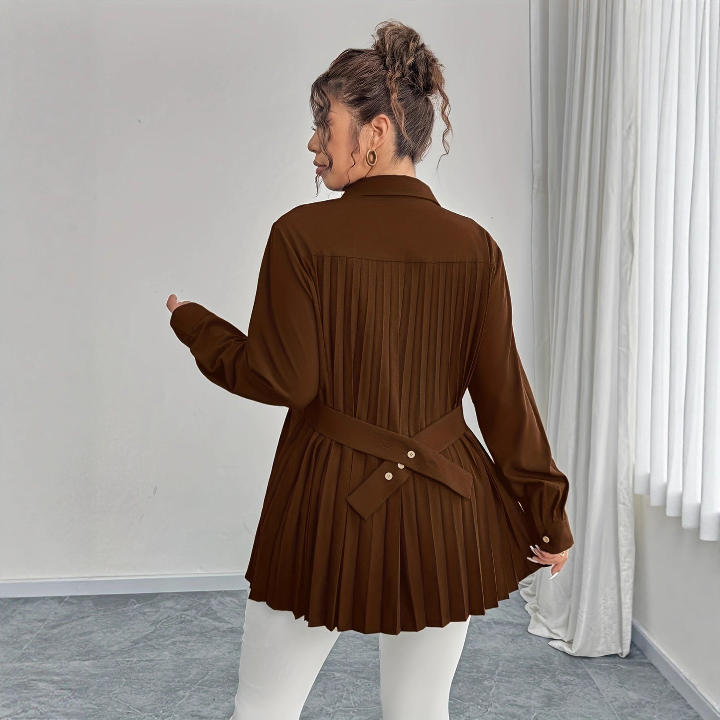 Elegant Casual Solid-color Shirt With Waist Pleats