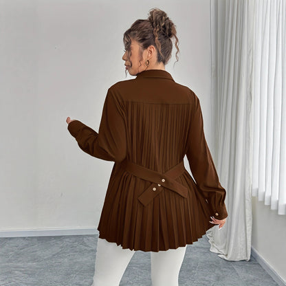 Elegant Casual Solid-color Shirt With Waist Pleats