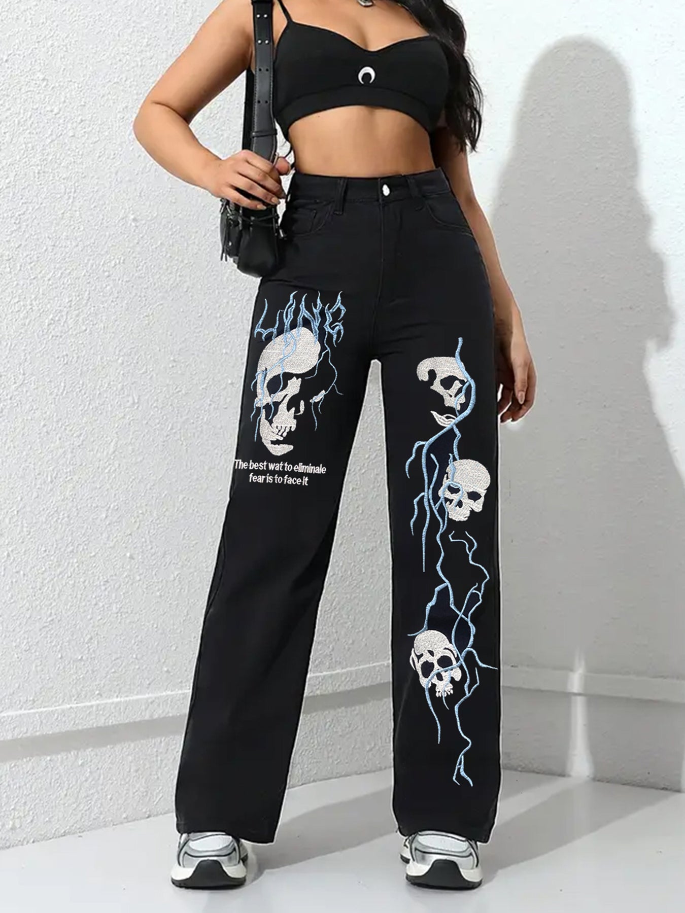 Women's Jeans Black American Street Creative Embroidery Niche Jeans Women's Spring And Autumn New Versatile Loose Straight Casual Trend Pants Women's Jeans L
