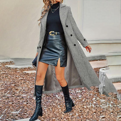 Women's Fall Winter Double Breasted Wool Coat Long Sleeve Notch Lapel Midi Long Trench Coat