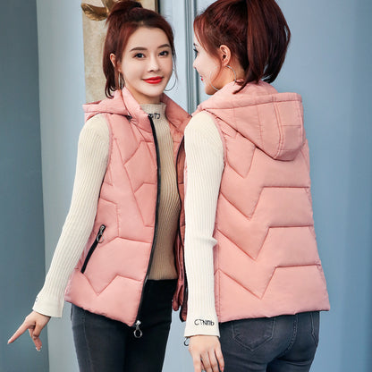 Ladies' Fashion Down Cotton Vest Short Mom Hooded Wear Warm Vest