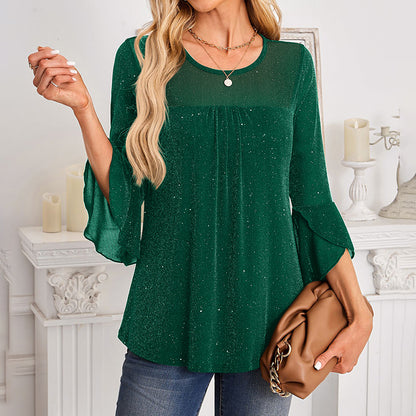 Womens Ruffle 3 4 Sleeve Sparkle Top Blouses Casual Shirts Crew Neck Glitter Night Out Tops