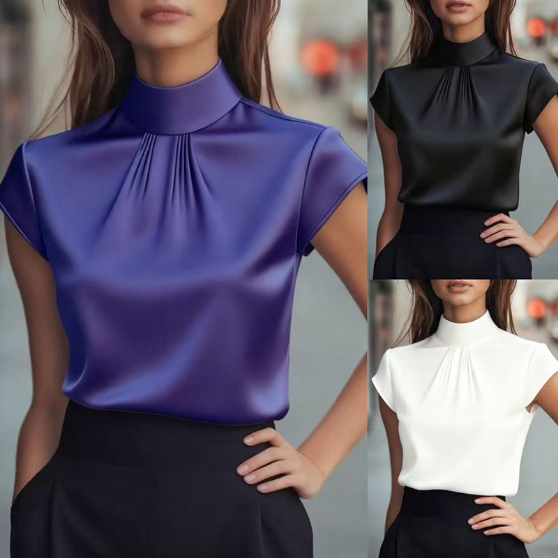 Women's Elegant Solid Color High-Neck Satin Short Sleeve Top, Summer Office Blouse With Ruffle Detail