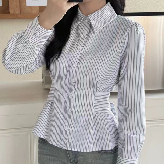 Womens Casual Commuter Striped Shirt With A Defined Waistline And Personalized Style