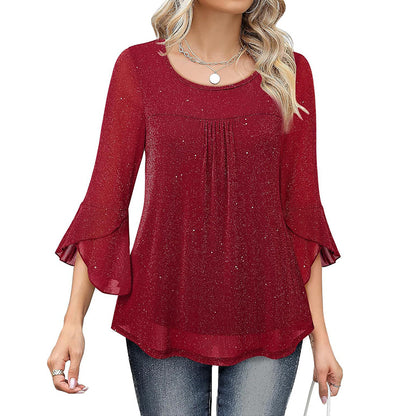 Womens Ruffle 3 4 Sleeve Sparkle Top Blouses Casual Shirts Crew Neck Glitter Night Out Tops