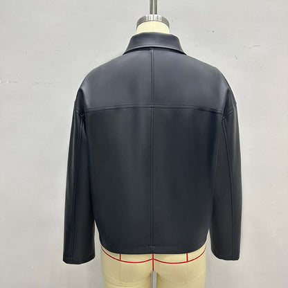 Women's Faux Leather Jacket, Cropped Zip Up Long Sleeve Casual Coat With Pockets