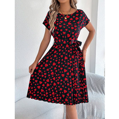 Women's Heart Print Midi Dress - Crew Neck Short Sleeve Belted Pleated Sundress