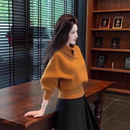 FallWinter Korean-style Soft Mature Design Womens Orange Turtleneck Base Knit Sweatersoft