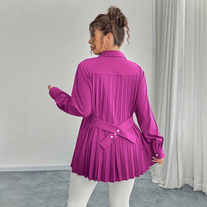 Elegant Casual Solid-color Shirt With Waist Pleats