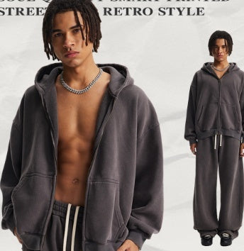 Men's Washed Sports And Leisure Hooded Zipper Jacket