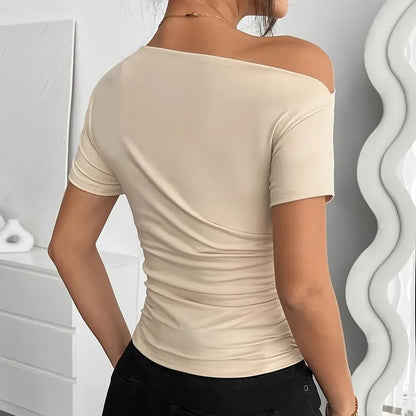 Women's Y2K Ruched One-Shoulder Top - Short Sleeve Slim Fit Summer Shirt