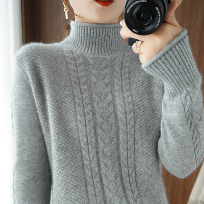 Womens Half-Turtleneck Sweater With Cable Knit And Thickened Design