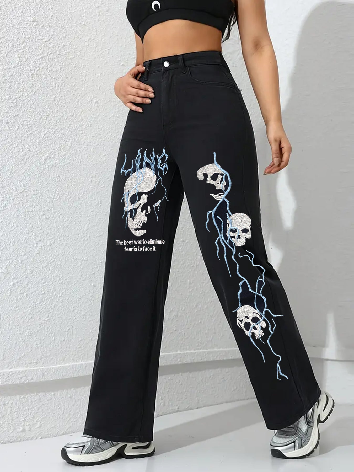 Women's Jeans Black American Street Creative Embroidery Niche Jeans Women's Spring And Autumn New Versatile Loose Straight Casual Trend Pants Women's Jeans L