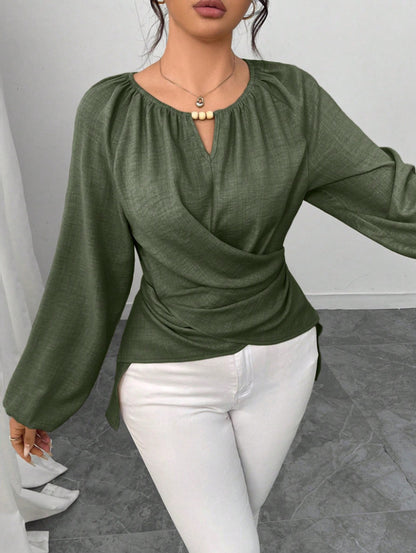 Womens Woven Long-sleeve Top With Tie Detailing And An Asymmetrical Hem