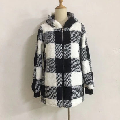 Women's Plaid Hooded Jacket, Long Sleeve Zip Up Oversized Coat With Pockets For Winter Casual And Commute