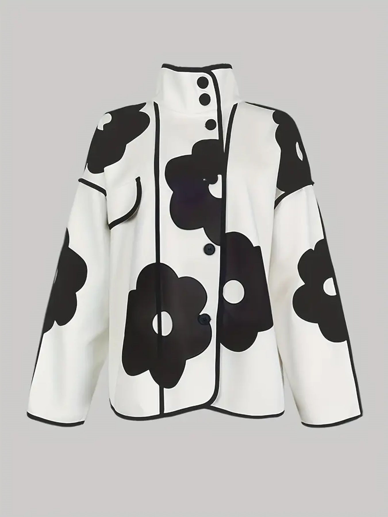 New Style Women's Long-sleeved Loose Contrast-colored Flower-printed Slit Stand-collar Jacket Wool Jacket