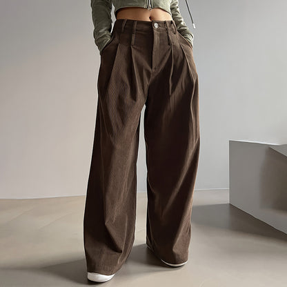 Women's Solid Color High-Waisted Pleated Pants, Wide Leg Trousers With Pockets For Casual Spring And Fall Wear