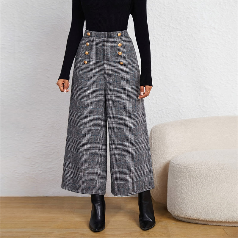 Women's Spring Fashion Plaid Wide-Leg Ninth Pants With Double-Breasted Decoration For Daily Office Wear