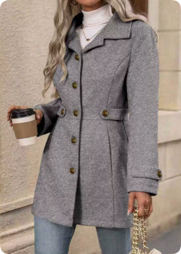 Elegant Single-breasted Woolen Coat Buttons Lapel Mid-length Jacket Temperament Commuter Outwear Clothing For Women