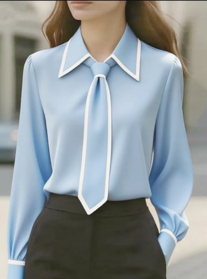 Autumn Fashion Solid Color Commute Tie Long Sleeve Shirt Women's Clothing