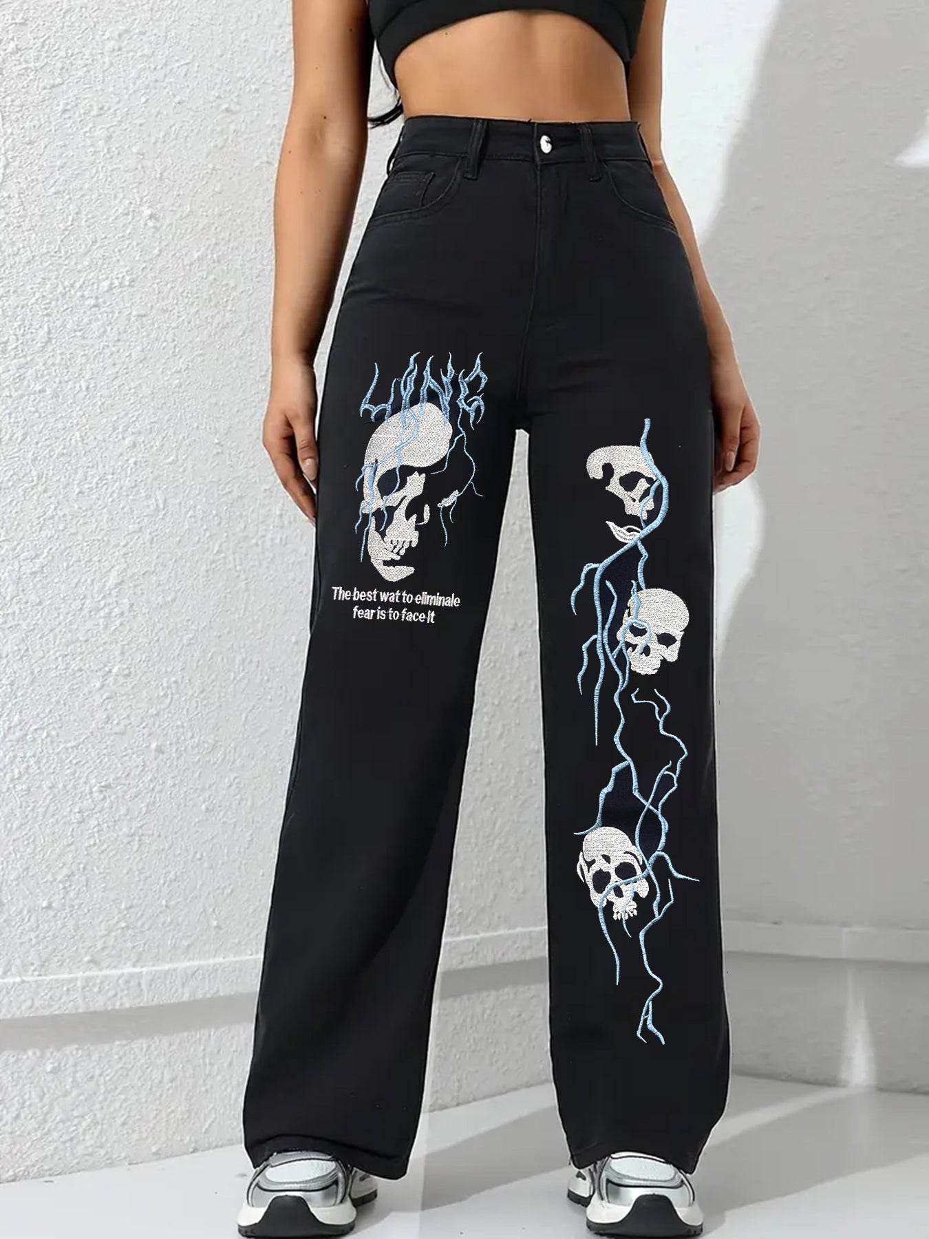 Women's Jeans Black American Street Creative Embroidery Niche Jeans Women's Spring And Autumn New Versatile Loose Straight Casual Trend Pants Women's Jeans L
