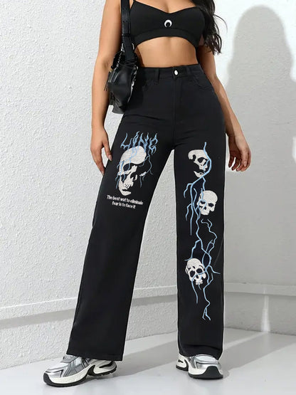 Women's Jeans Black American Street Creative Embroidery Niche Jeans Women's Spring And Autumn New Versatile Loose Straight Casual Trend Pants Women's Jeans L