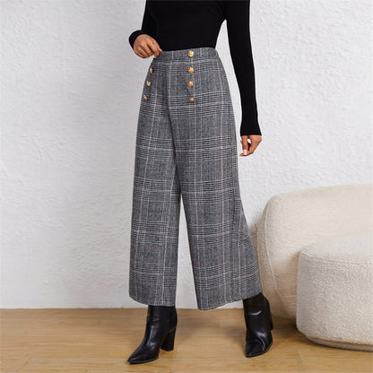 Women's Spring Fashion Plaid Wide-Leg Ninth Pants With Double-Breasted Decoration For Daily Office Wear