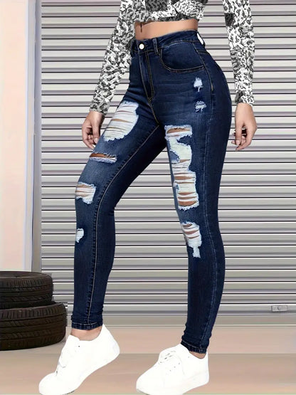 New High Waisted, Hip Lifted, Tight Fitting Women's Jeans With A Ripped Nine Quarter Cut, Suitable For Minimalist Fashion In Summer
