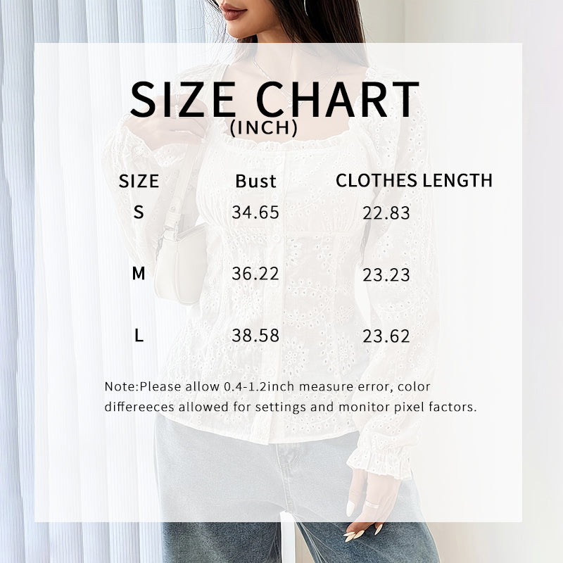 Women's Square Neck Puff Sleeve Eyelet Lace Hollow Out Button Top Blouse