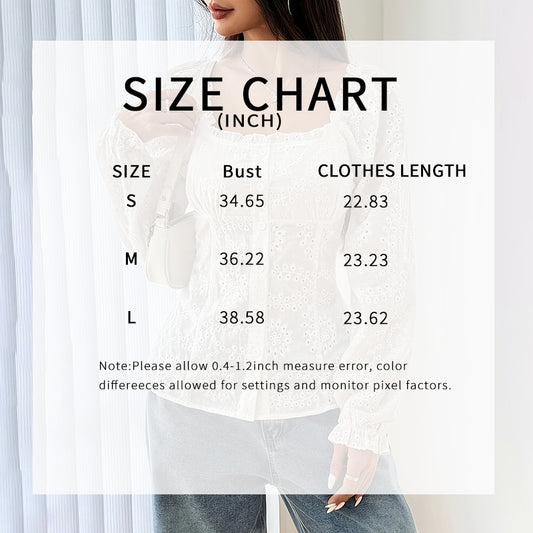 Women's Square Neck Puff Sleeve Eyelet Lace Hollow Out Button Top Blouse