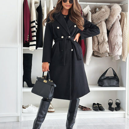 Women's Double Breasted Wool Trench Coat, Notch Lapel Midi Long Winter Coat With Belt